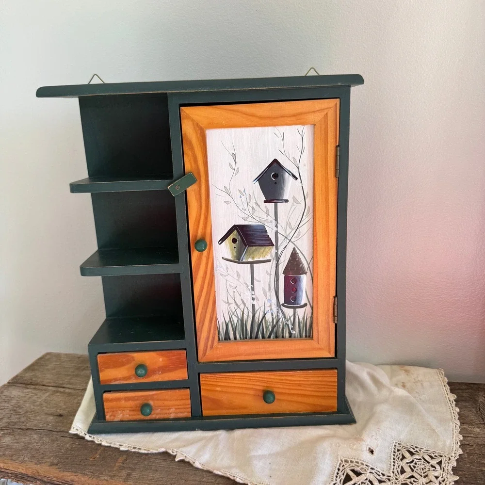 Vintage Hand Painted Wood Birdhouse Shadow Cabinet Wall Hanging Green Trinket